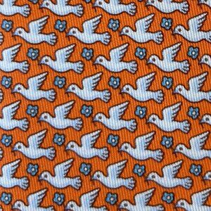 Hermes Necktie Tie - Burnt Orange Fun White Peace Doves Birds & Blue Flowers XL